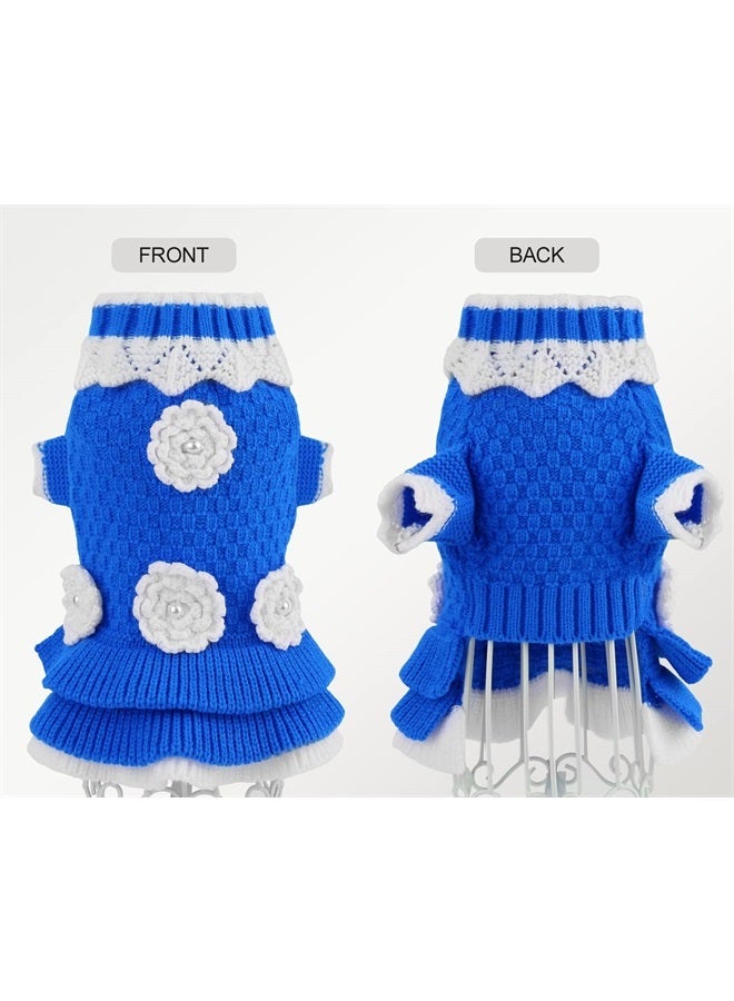 Joytale Small Dog Sweater Turtleneck Dress, Soft Warm Winter Pet Cable Knitwear Clothes with Cute Flower, Girl Boy Dog Pullover Knitted Sweaters for Cats Puppies Extra Small Dogs, Blue - Image 3