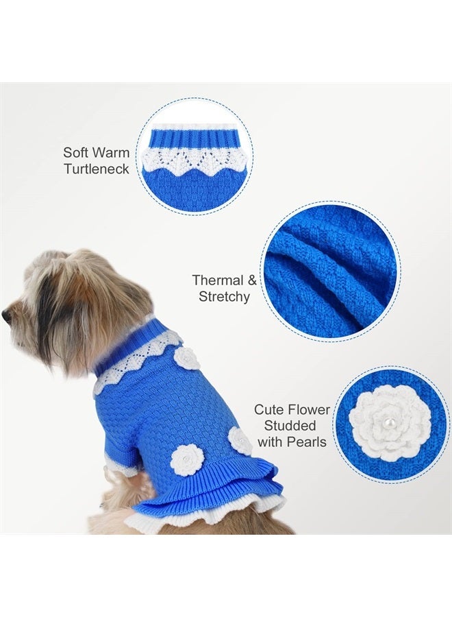 Joytale Small Dog Sweater Turtleneck Dress, Soft Warm Winter Pet Cable Knitwear Clothes with Cute Flower, Girl Boy Dog Pullover Knitted Sweaters for Cats Puppies Extra Small Dogs, Blue - Image 4