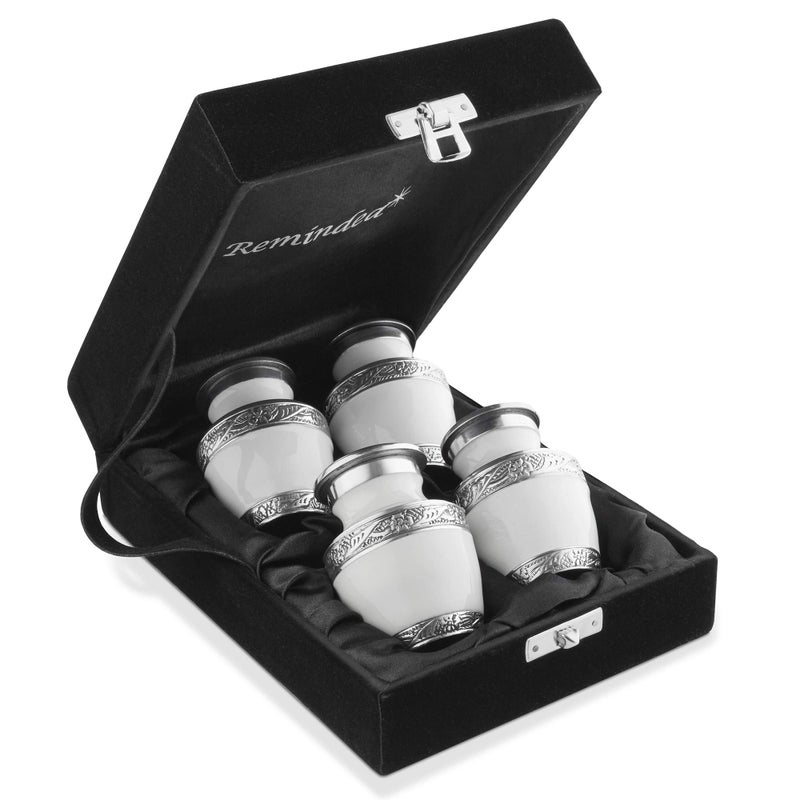 Reminded Small Cremation Urns for Human Ashes Mini Keepsake Set of 4 White and Silver with Velvet Case