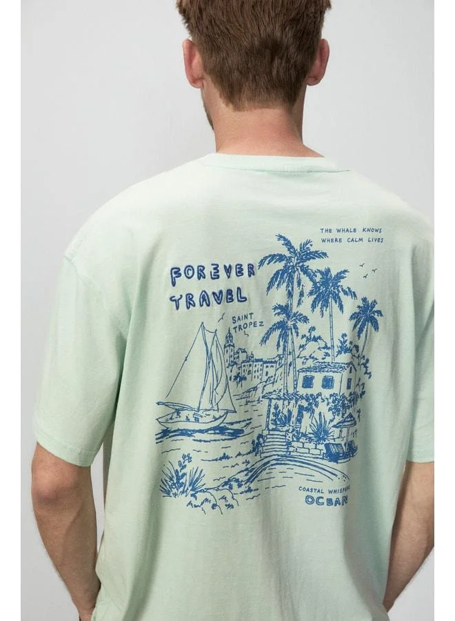 Grimelange ALONKO Men's Oversize Fit 100% Cotton Embroidered and Printed Mint Green T-Shirt.