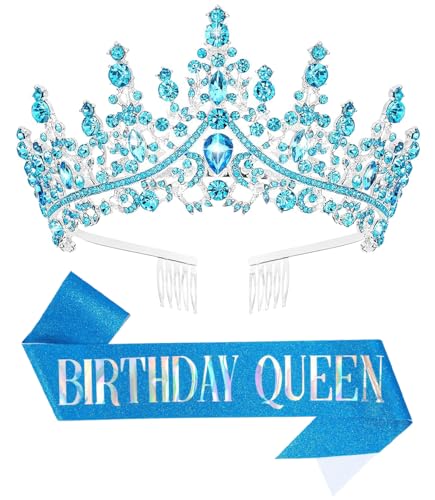 Papoopy Birthday Tiara Crown with Sash for Women, Headband Hair Accessories for Wedding Party Costume (A-Blue) - Image 1