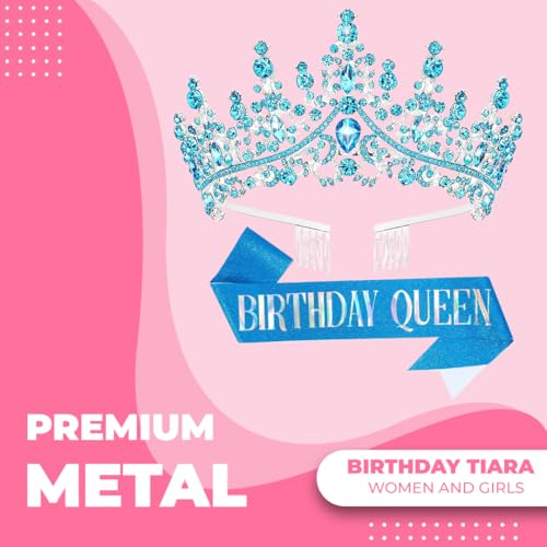 Papoopy Birthday Tiara Crown with Sash for Women, Headband Hair Accessories for Wedding Party Costume (A-Blue) - Image 2