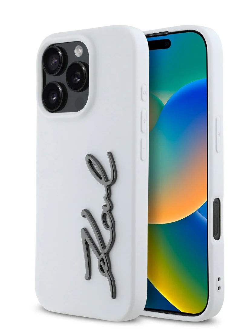 Karl Lagerfeld iPhone 16 Pro Case TPU Silicone with Metal Signature Logo / Drop Protection Back Cover / Easy Snap On / Comfortable Grip - White
