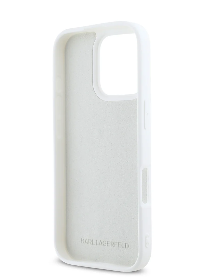 Karl Lagerfeld iPhone 16 Pro Case TPU Silicone with Metal Signature Logo / Drop Protection Back Cover / Easy Snap On / Comfortable Grip - White