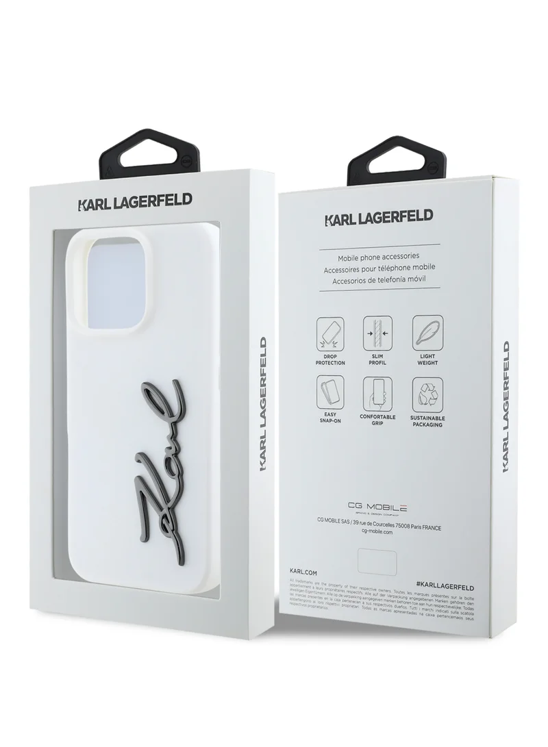 Karl Lagerfeld iPhone 16 Pro Case TPU Silicone with Metal Signature Logo / Drop Protection Back Cover / Easy Snap On / Comfortable Grip - White