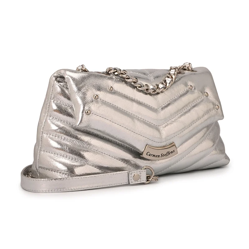 Carmen Steffens Quilted Silver Leather Bag with Metal Application