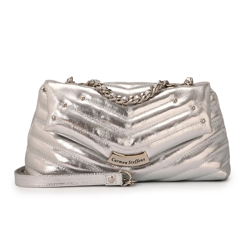 Carmen Steffens Quilted Silver Leather Bag with Metal Application