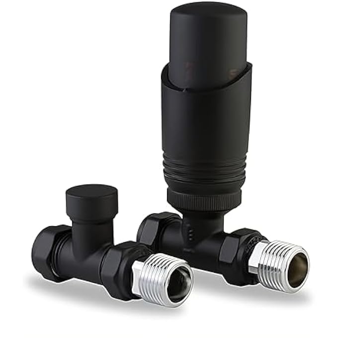 MATT BLACK STRAIGHT THERMOSTATIC TRV RADIATOR VALVE & LOCKSHIELD 15MM X 1/2" PACK
