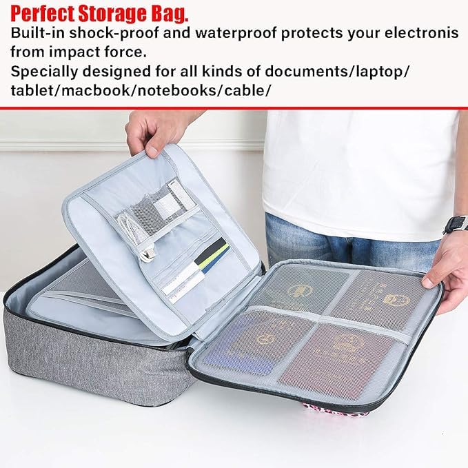 Flygon Multipurpose Document Organizer Bag with Password Lock | A4 Size File Folder with 8-Layer Storage | Passport, USB, Cards & Document Holder | Waterproof & Fire-Resistant Travel File Bag (Gray) - Image 3