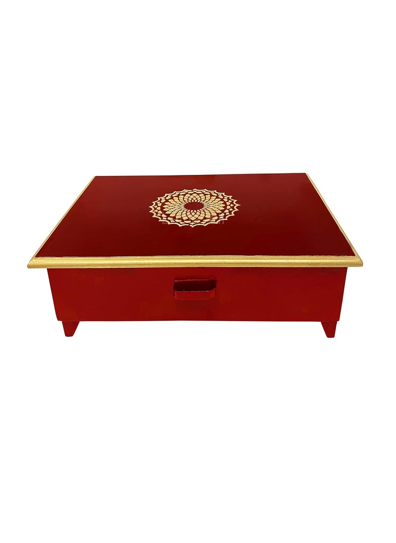 Lalhaveli Lalhaveli Red Temple Dcor Wooden Chowki 2 Storage Drawer Altar Table Kids Sitting Chair 16x12x55 Inch  - Image 1