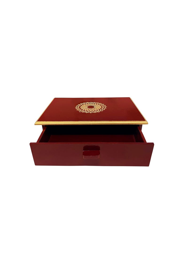 Lalhaveli Lalhaveli Red Temple Dcor Wooden Chowki 2 Storage Drawer Altar Table Kids Sitting Chair 16x12x55 Inch  - Image 3