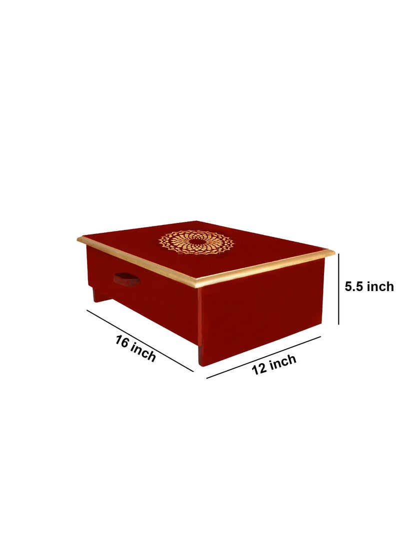 Lalhaveli Lalhaveli Red Temple Dcor Wooden Chowki 2 Storage Drawer Altar Table Kids Sitting Chair 16x12x55 Inch  - Image 2