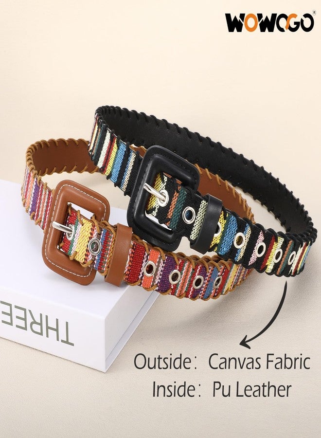 WOWOGO Woven Multicolor Belt for Women Boho Waist Belt with Square Buckle - Image 2
