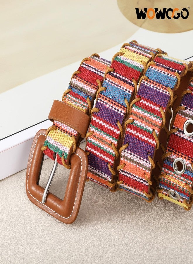 WOWOGO Woven Multicolor Belt for Women Boho Waist Belt with Square Buckle - Image 4