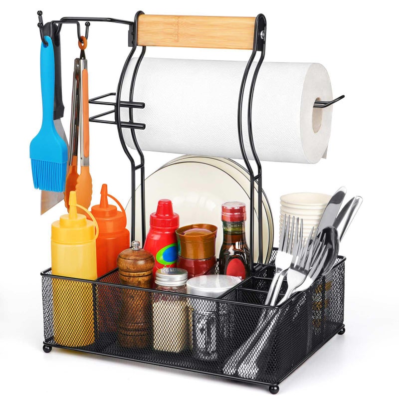 FANGSUN Grill Caddy, BBQ Caddy with Paper Towel Holder, Picnic Condiment Utensil Caddy for Outdoor Camping, Barbecue Accessories Storage Organizer for Griddle Grilling Tools, RV Patio Camper Must-Have - Image 1