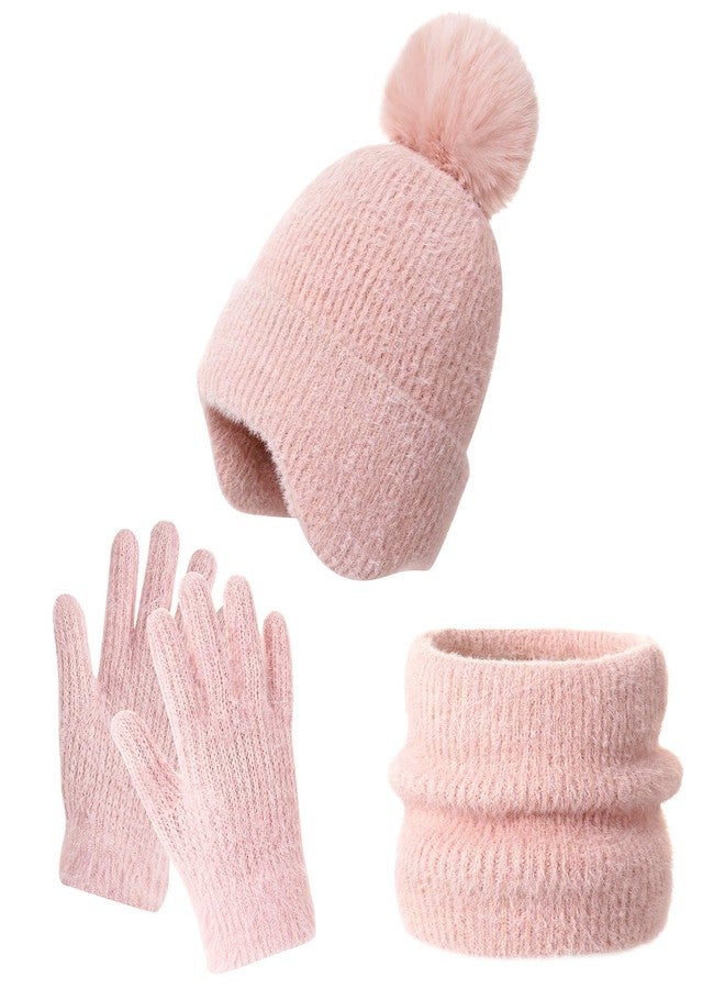FENELY 3Pcs Kids Winter Beanie Hat Scarf Gloves Set for 4-10 Years Girls Boys - Toddler Pompom Warm Knit Earflap Fleece Lined for Cold Weather - Image 1