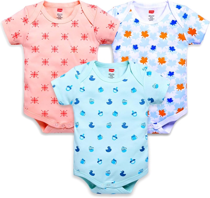 LuvLap Unisex Half Sleeve Romper/Bodysuit Pack of 3 - White, Light Peach, Soothing Sea (3-6 Months) - Image 1