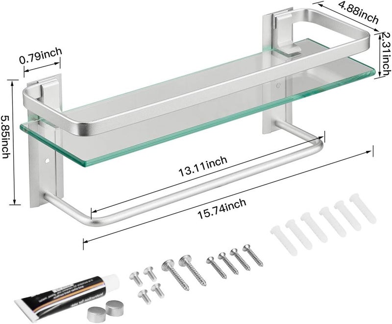 VOLPONE Glass Shelf with Towel Bar 15.7in Silver Bathroom Shelf Wall Mount Rustproof Bathroom Wall Organizer 1 Tier (Silver) - Image 2