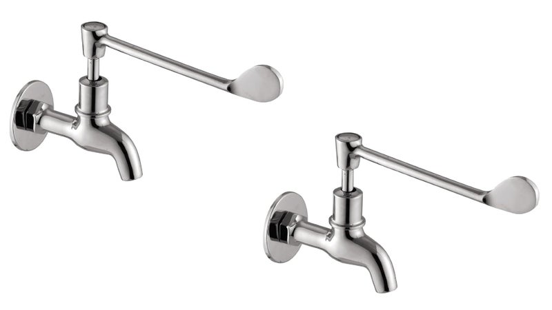 Kamal Full Brass Eco Elbow Action Bib Cock Tap Faucet with Wall Flange | Wall Mounted | Chrome Finish - Silver (Pack of 2) - Image 1