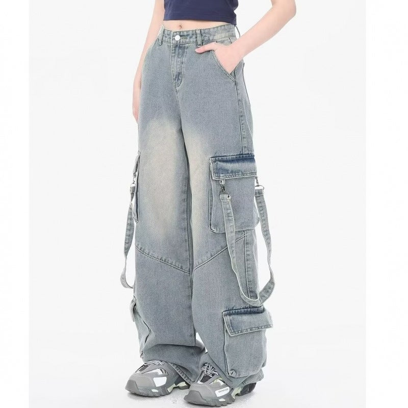 Micro-Elastic Trousers Summer Retro Washed Multi-Pocket Ribbon Design Sense Overalls Zipper Regular Denim Straight Tube - Image 1