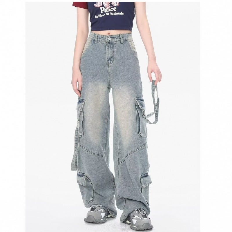 Micro-Elastic Trousers Summer Retro Washed Multi-Pocket Ribbon Design Sense Overalls Zipper Regular Denim Straight Tube - Image 5