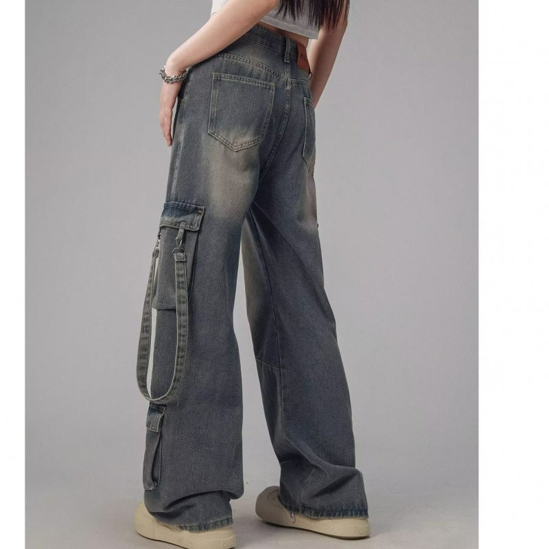 Micro-Elastic Trousers Summer Retro Washed Multi-Pocket Ribbon Design Sense Overalls Zipper Regular Denim Straight Tube - Image 3