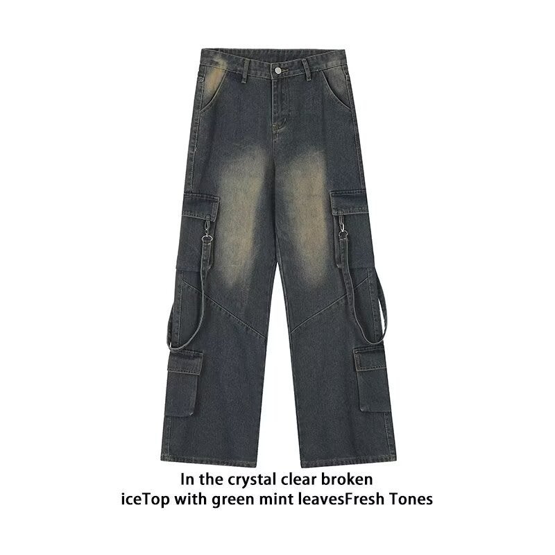 Micro-Elastic Trousers Summer Retro Washed Multi-Pocket Ribbon Design Sense Overalls Zipper Regular Denim Straight Tube - Image 2