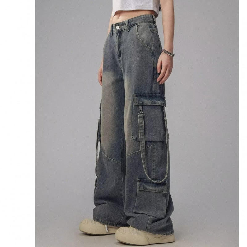 Micro-Elastic Trousers Summer Retro Washed Multi-Pocket Ribbon Design Sense Overalls Zipper Regular Denim Straight Tube - Image 4