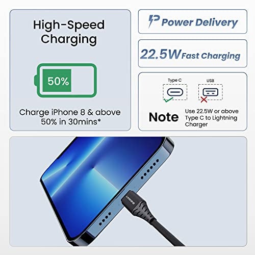 Ambrane Type-C to Lightning USB Cable, 22.5W Fast Charging, 480Mbps Data Sync Cable Compatible with iPhone, iPad, Macbook, iMac, AirPods, 1.25m (ABTL-125 Black) - Image 2