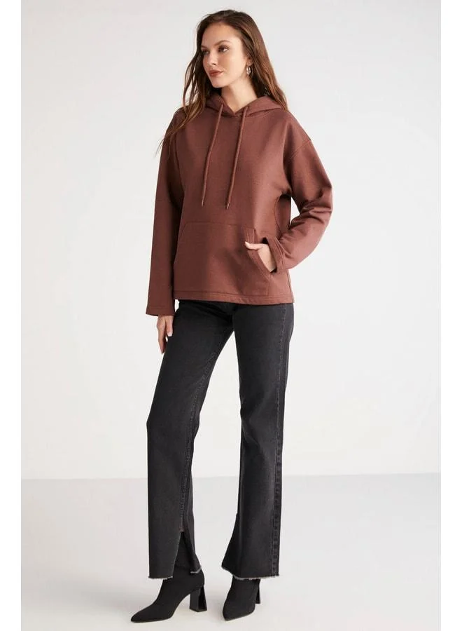 Ethiquet Piper Women's Soft Polar-Lined Comfort Fit Hooded Kangaroo Pocket Brown Sweatshirt.