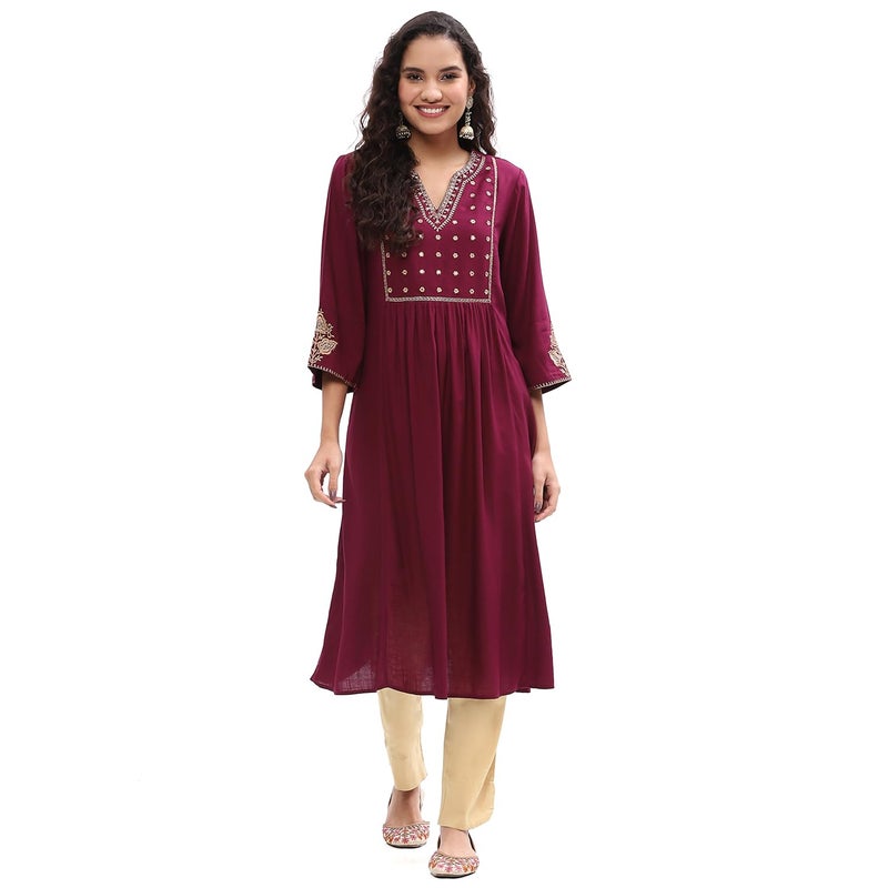 Biba Women'sWine Yoke Design Festive A-Line Kurta_40 - Image 5