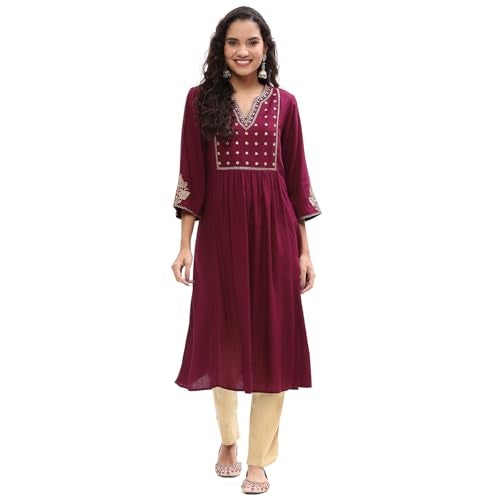 Biba Women'sWine Yoke Design Festive A-Line Kurta_40 - Image 1