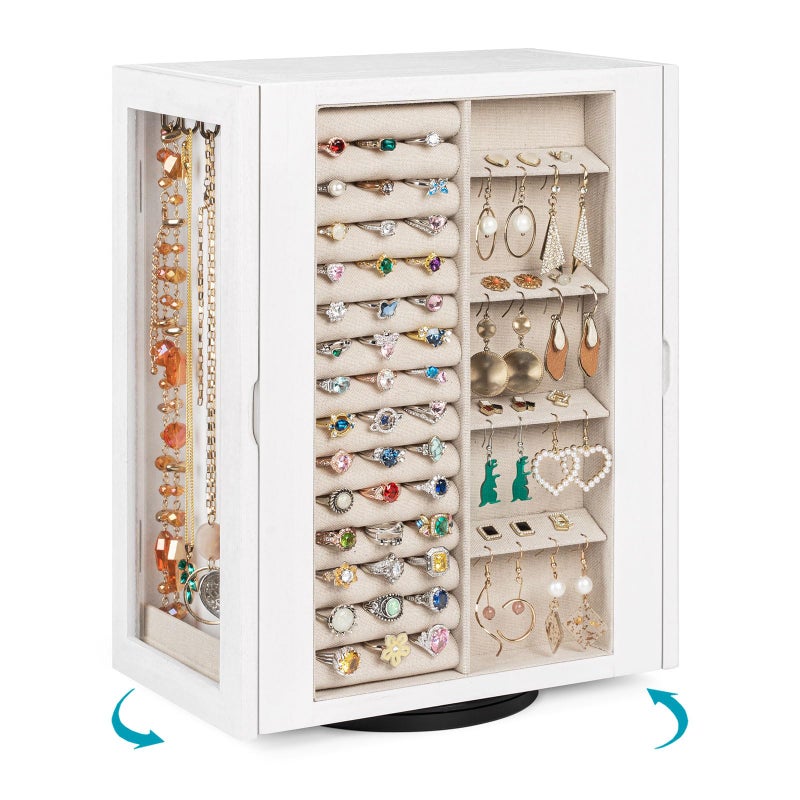 Emfogo 360Â° Rotating Jewelry Box for Women, Vintage Wooden Large Jewelry Organizer with 5 Drawers, Glass Doors, Vertical Open Design Jewelry Organizers and Storage for Earring Ring Necklace Bracelet - Image 1