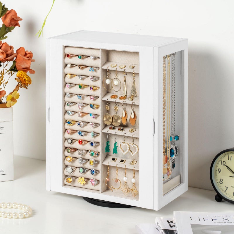 Emfogo 360Â° Rotating Jewelry Box for Women, Vintage Wooden Large Jewelry Organizer with 5 Drawers, Glass Doors, Vertical Open Design Jewelry Organizers and Storage for Earring Ring Necklace Bracelet - Image 4