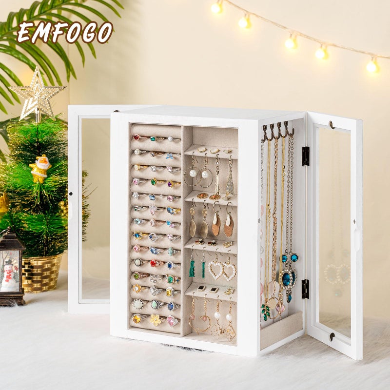 Emfogo 360Â° Rotating Jewelry Box for Women, Vintage Wooden Large Jewelry Organizer with 5 Drawers, Glass Doors, Vertical Open Design Jewelry Organizers and Storage for Earring Ring Necklace Bracelet - Image 3
