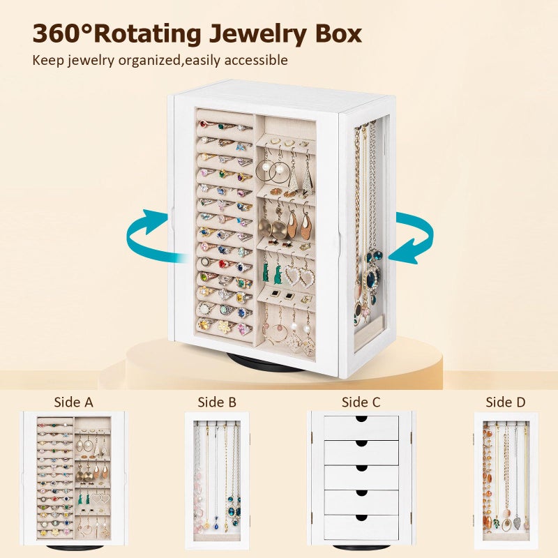 Emfogo 360Â° Rotating Jewelry Box for Women, Vintage Wooden Large Jewelry Organizer with 5 Drawers, Glass Doors, Vertical Open Design Jewelry Organizers and Storage for Earring Ring Necklace Bracelet - Image 2