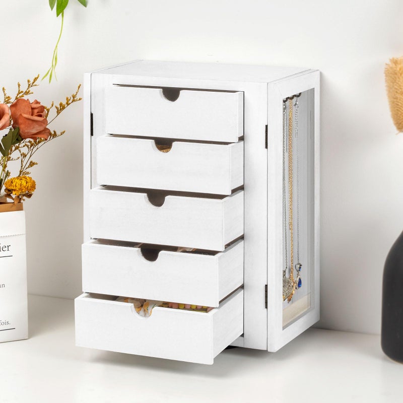 Emfogo 360Â° Rotating Jewelry Box for Women, Vintage Wooden Large Jewelry Organizer with 5 Drawers, Glass Doors, Vertical Open Design Jewelry Organizers and Storage for Earring Ring Necklace Bracelet - Image 5