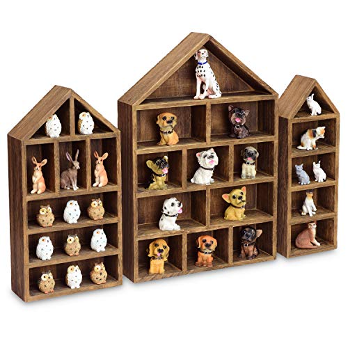 Ikee Design HouseShaped Wooden Shadow Cubby Box Display Shelf Organizer Storage Shadow Box for Mini Figures Set of 3 Brown Color 10 W x 2 14 D x 15 H in