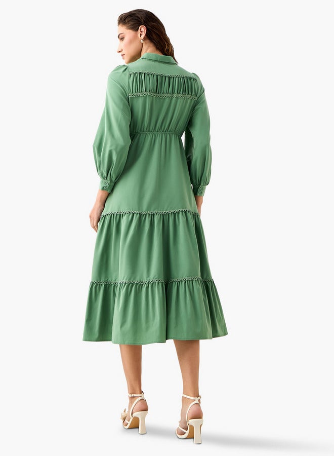 سبلاش فيڤ فستان ميدي سادة متعدد الطبقات بياقة عادية وأكمام منفوخة - Image 3