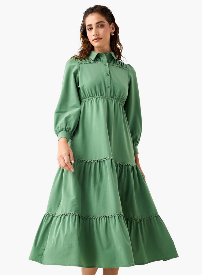 سبلاش فيڤ فستان ميدي سادة متعدد الطبقات بياقة عادية وأكمام منفوخة - Image 1