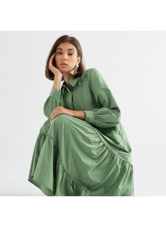 FAV Solid Tiered Midi Dress with Puff Sleeves and Collar  - Image 3