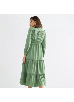 FAV Solid Tiered Midi Dress with Puff Sleeves and Collar  - Image 2