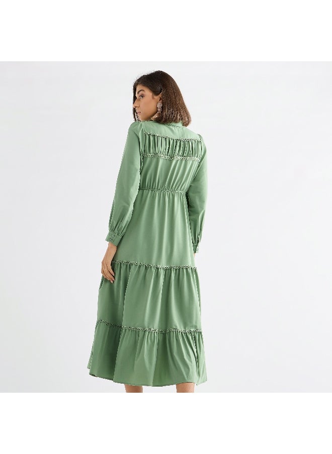 FAV - Solid Tiered Midi Dress with Puff Sleeves and Collar - Image 1