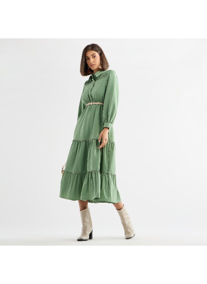 FAV - Solid Tiered Midi Dress with Puff Sleeves and Collar - Image 1