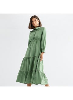 FAV Solid Tiered Midi Dress with Puff Sleeves and Collar  - Image 1