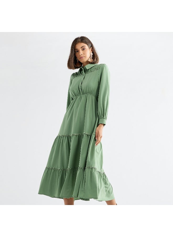 FAV - Solid Tiered Midi Dress with Puff Sleeves and Collar - Image 1