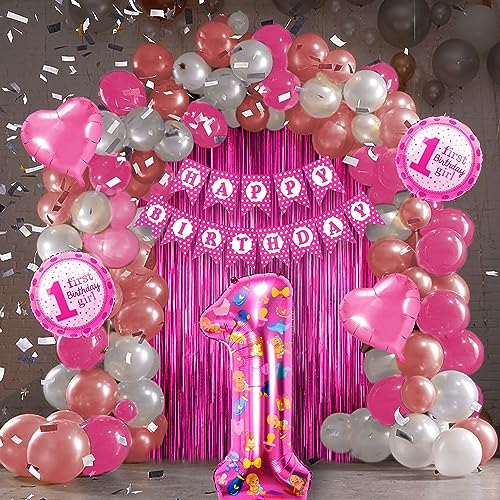 Just Party 1st Birthday Girl Decoration Set - 65-Piece Complete Party Decorations for Girls First Birthday - Pink Balloons, Foil Balloons, and DIY Decor Kit - Image 1
