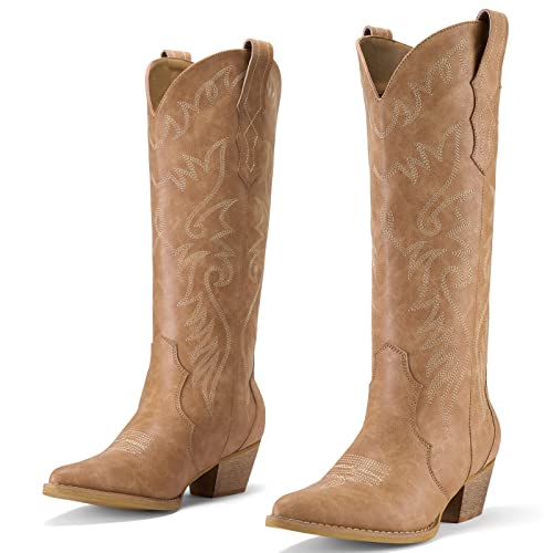 Rollda Cowboy Boots for Women Cowgirl Boots Embroidered Knee-High Western Boots Pointy Toe with Chunky Heel Tan Size 8 - Image 2
