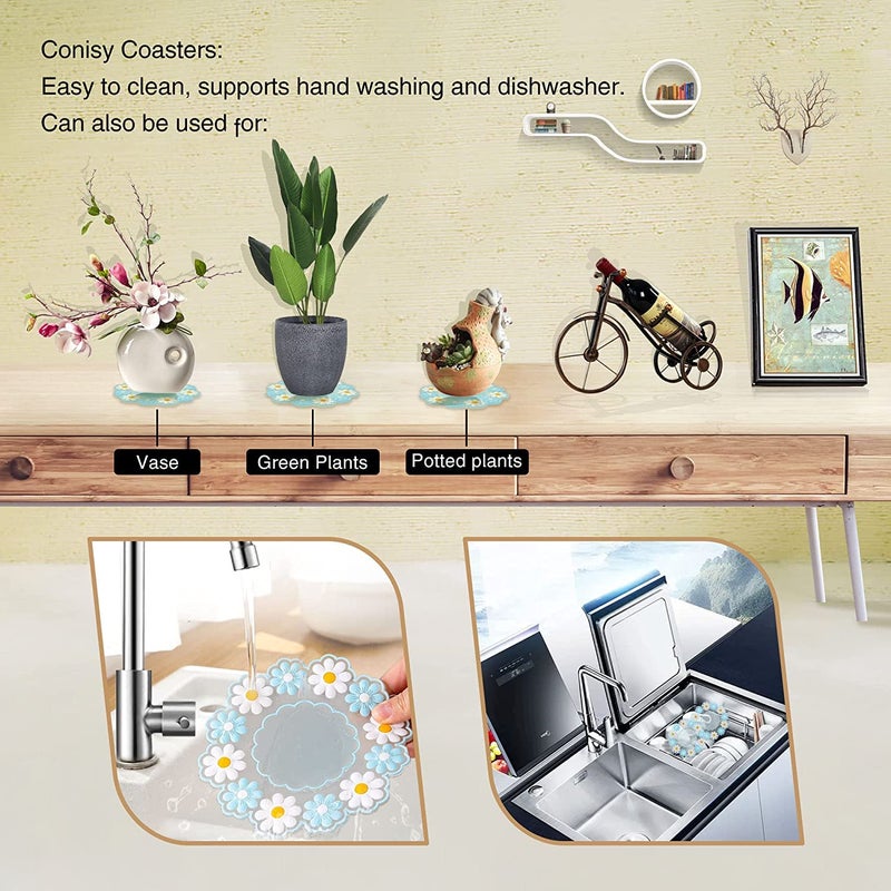 FS COOL Cute Flower Coaster Insulation Placemat AntiSlip Cup Mat for Drinks Coffee Mugs Blue Big Pack of 6 - Image 5