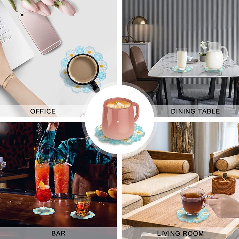FS COOL Cute Flower Coaster Insulation Placemat AntiSlip Cup Mat for Drinks Coffee Mugs Blue Big Pack of 6 - Image 4